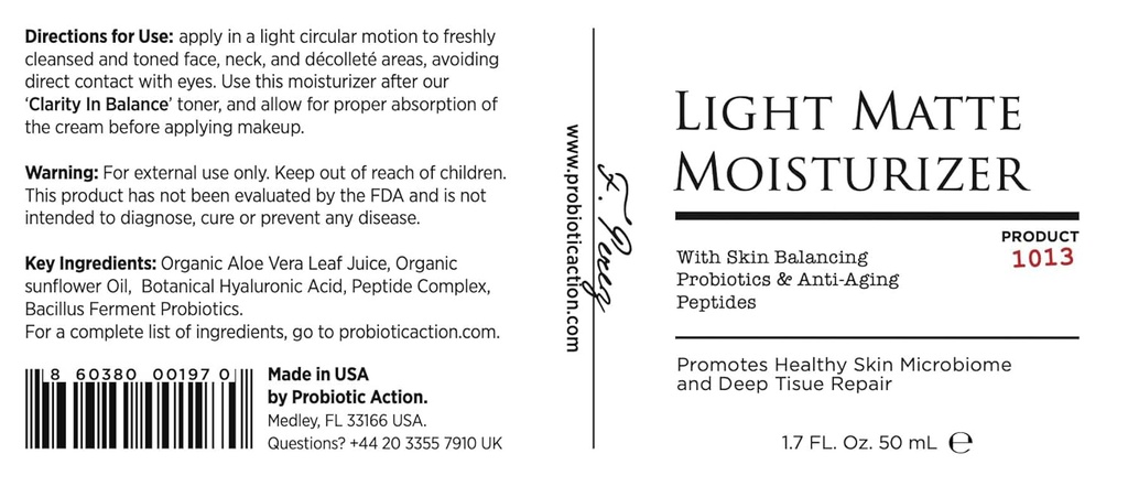 Probiotic Action® Light Matte Moisturizer - Probiotic helpt Acne, Rosacea en Eczema te voorkomen. De Probiotic en Peptide behoudt de gloed, zachtheid en dichtheid van de heldere huid.