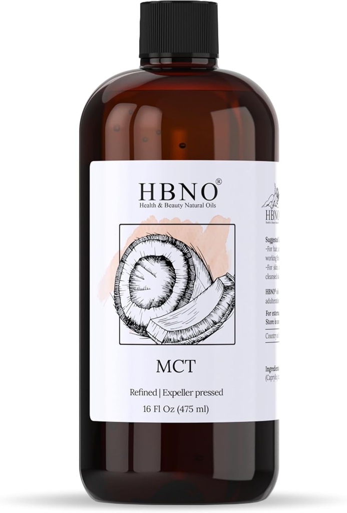 HBNO California Bottled Coconut McT Oil 16 fl oz (475ml) Waardegrootte - Natuurlijke McT Oil, Cold Pressed - Perfecte drager voor massage, Aromatherapie - Ideaal voor gezicht, lichaam, lippen, & haren