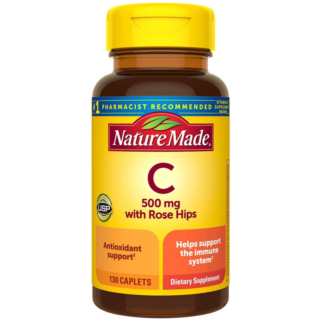 Nature Made Vitamin C 500 mg with Rose Hips, Dieetsupplement voor Immune Support, 130 Caplets, 130 Day Supply