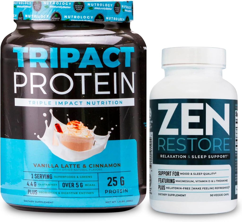 Nutrologie TRIPACT Proteïnepoeder, 7-in-1 Maaltijd vervangende Shake, Vanille Latte Cinnamon Smaak (20 Servings) Zen Natural Magnesium Supplement (30 Servings)