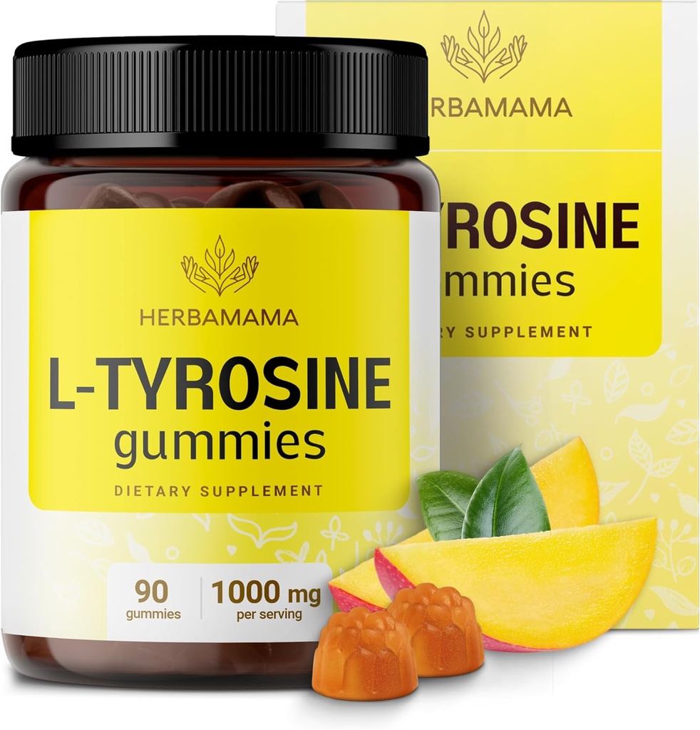 HERBAMAMA L-Tyrosine Gummies - 1000mg L-Tyrosine voor Hersenen Helderheid Ondersteuning - Vegan, Niet-GGO Energie en Focus Supplement - 90 Pectine-Based Mango-Gearomatiseerde Kauwen