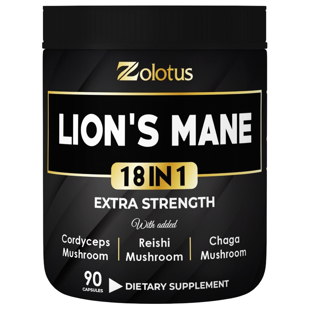 Zolotus Lions Mane Mushroom Complex Capsules avec Cordeyceps, Elderberry, Ginkgo Biloba, Bacopa - 90 Capsules