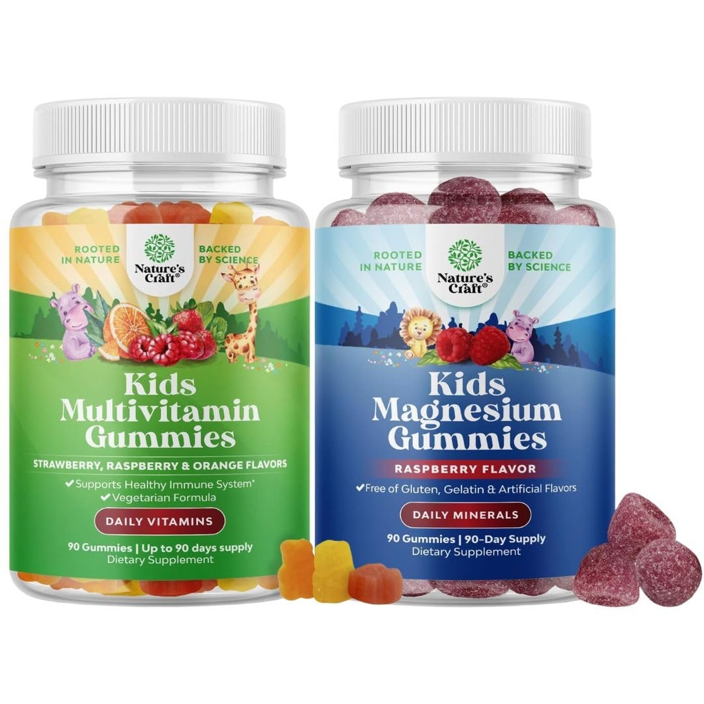 Bundle of Kids Multivitamin Gummies for Immunity Support with Vitamines A C D3 E B and Zinc and Kids Magnésium Gummies - Calme Mag Relaxing Citrate with Raspberry Flavor for Nerve & Heart Health