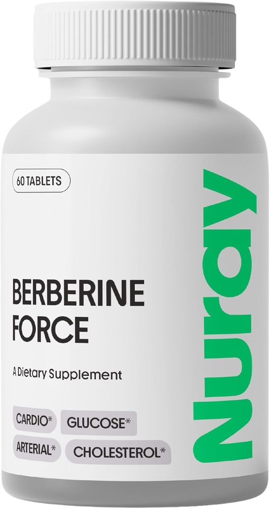 Nuray Berberine Force - Ondersteunt cognitieve gezondheid, gastro-intestinale gezondheid, cardiovasculaire gezondheid, en helpt handhaven metabolische gezondheid - met folaat, R-alfa Lipoïnezuur - 60 Tel - 500mg