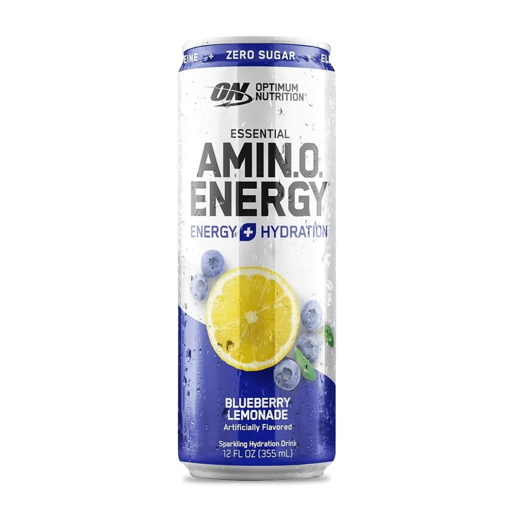 Optimale voeding Amino Energy Sparkling Hydration Drink, Elektrolyten, Cafeïne, Aminozuren, BCAA's, Suikervrij, Blueberry Lemonade, 12 Fl Oz, 1 telling (Verpakking mei Vary)