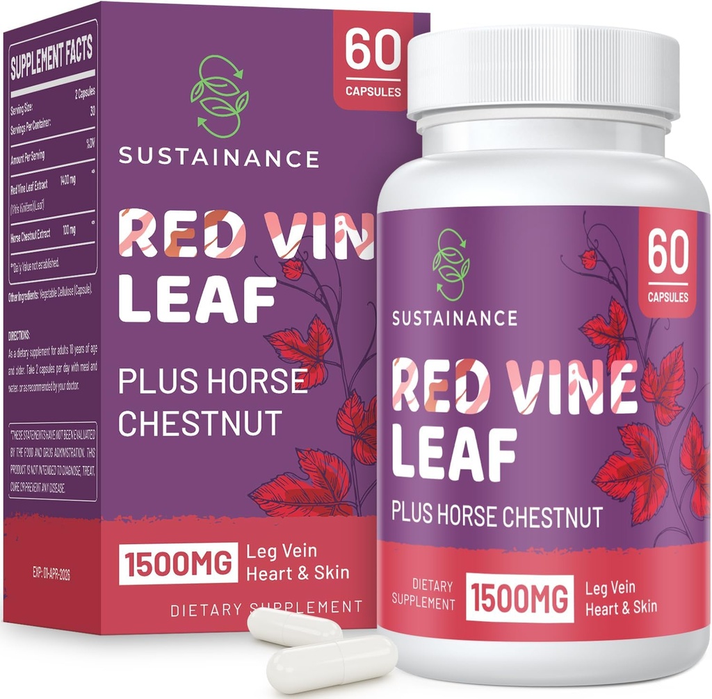 Red Vine Leaf Extract 1400mg & Horse Chestnut Extract 100mg Supplement Dieet voor been, vet, Circulatie, hart, huid (60 capsules)