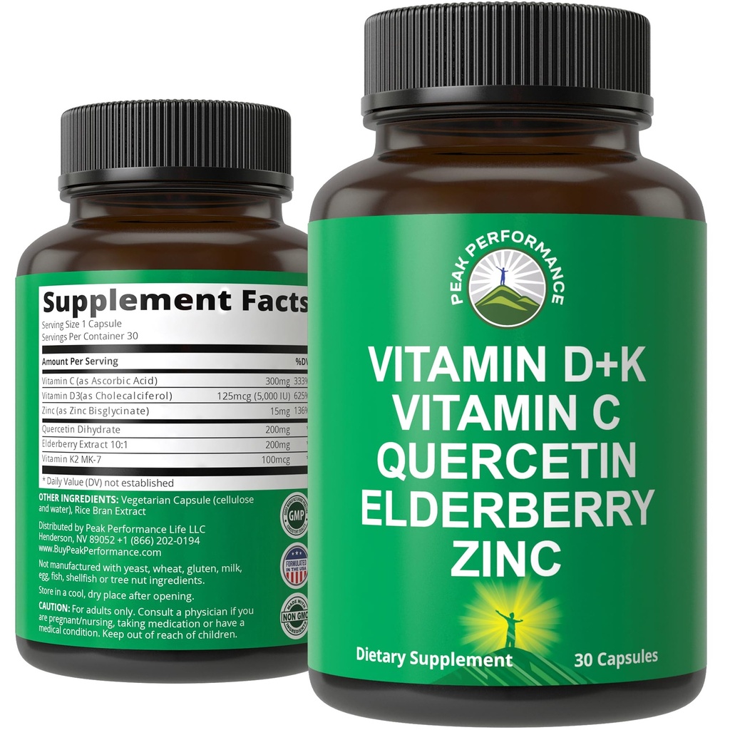 Immuun Ondersteuning Supplement met 6 Top Ingrediënten. Vitamine D3 K2 + Vitamine C + Vlierbes + Zink + Quercetine. Bevat 5000 IE vitamine D. Zink 15 mg. Immuniteit Capsules. Supplementen voor vrouwen en mannen