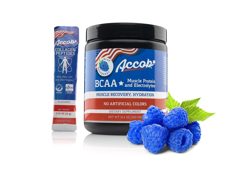BCAA Powder Blue Raspberry-Pre of Post Workout, Muscle Recovery Drink met Aminozuren + Elektrolyten,7,2g BCCA's voor mannen en vrouwen-30 Serves +10g Collageen Peptiden