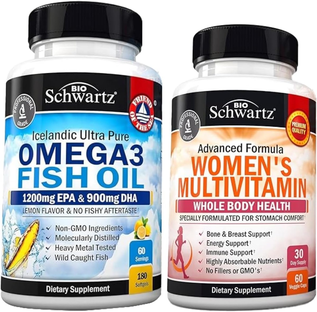 Dagelijkse Multivitamine voor Vrouwen Capsules (1 Maand Supply) Plus Triple Strength Omega 3 Visolie Softgels (2 Maand Supply)