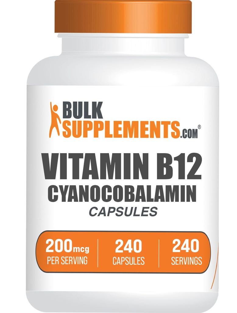 BulkSupplements.com Vitamin B12 Capsules - as Cyanocobalamin, Vitamin B Supplement, Vitamin B12 200 mcg - Energy Vitamins, Gluten Free, 1 Capsule per Serving, 240 Capsules (Pack of 1)