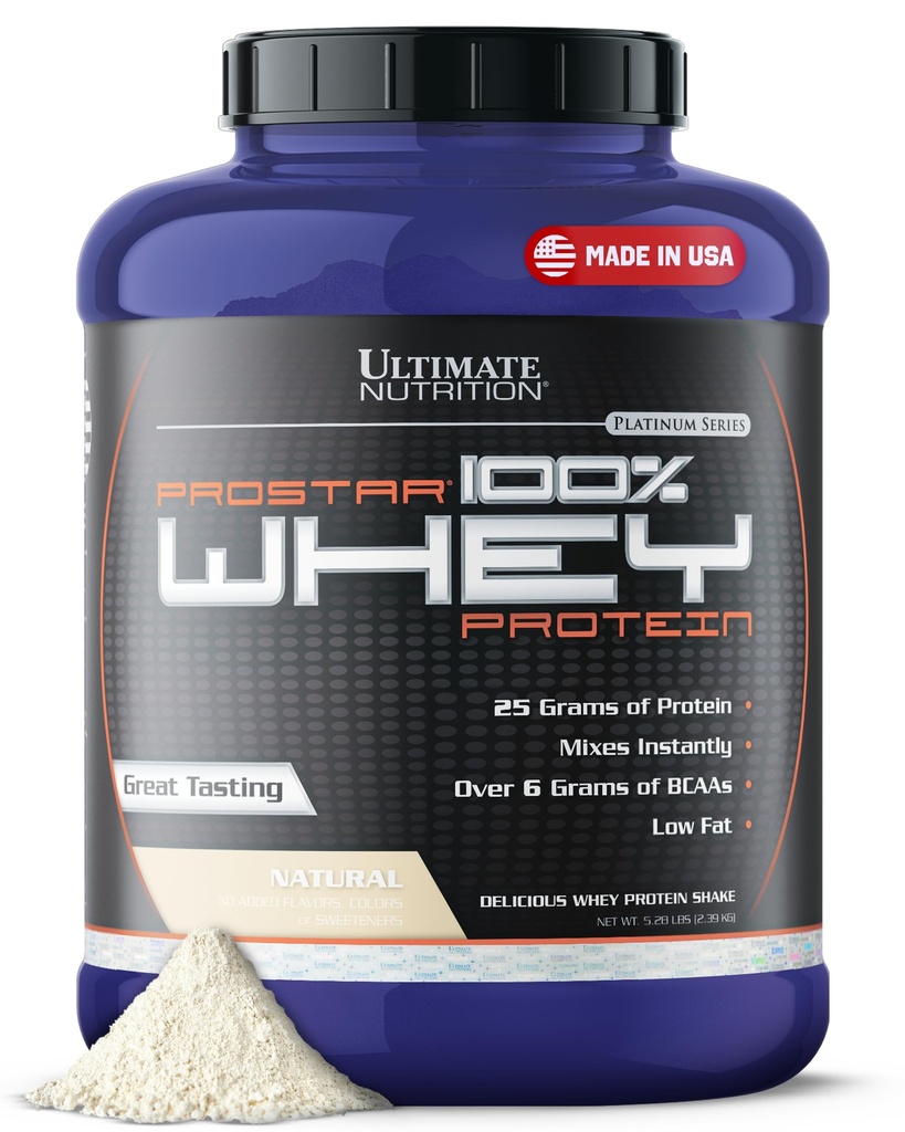 Ultimate Nutrition Prostar Whey Protéine Poudre Isolée, Naturelle - Faible glucides, Poudre à haute teneur en protéines Shake pour le gain musculaire et la récupération - Faible sodium, faible teneur en gras et kéto - 5,28 lbs Tub