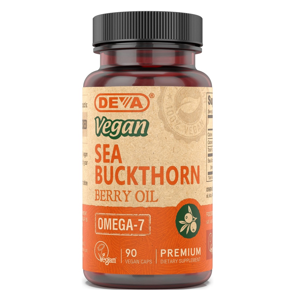 DEVA Buckthorn de mer végétalien, huile de baie 500mg, pressé à froid, non raffiné, riche en oméga-7, 90 capsules, 1-pack