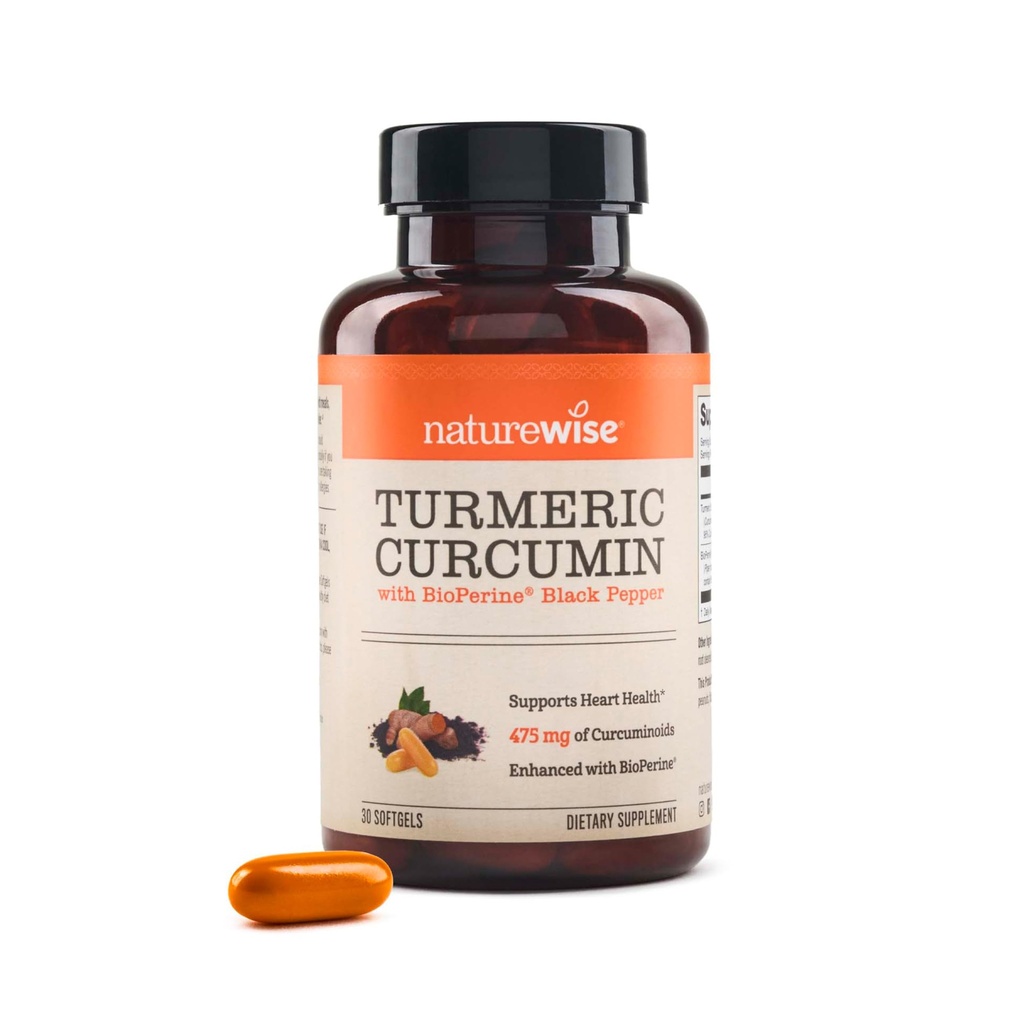 NatureWise Curcumine curcuma 500mg avec des softgels de poivre noir - Force supplémentaire, absorption accrue - 95% Curcuminoïdes et BioPerine pour le support immunitaire - Sans gluten, sans OGM - 30 Compte[1-Mois]