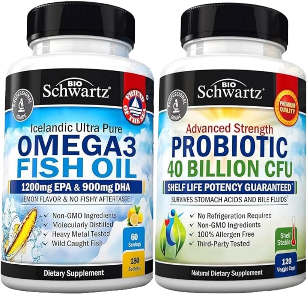 Triple Strength Omega 3 Fish Oil Softgels (2 Month Supply) Plus 40 Miljard CFU Daily Probiotic Supplement (2 Month Supply)