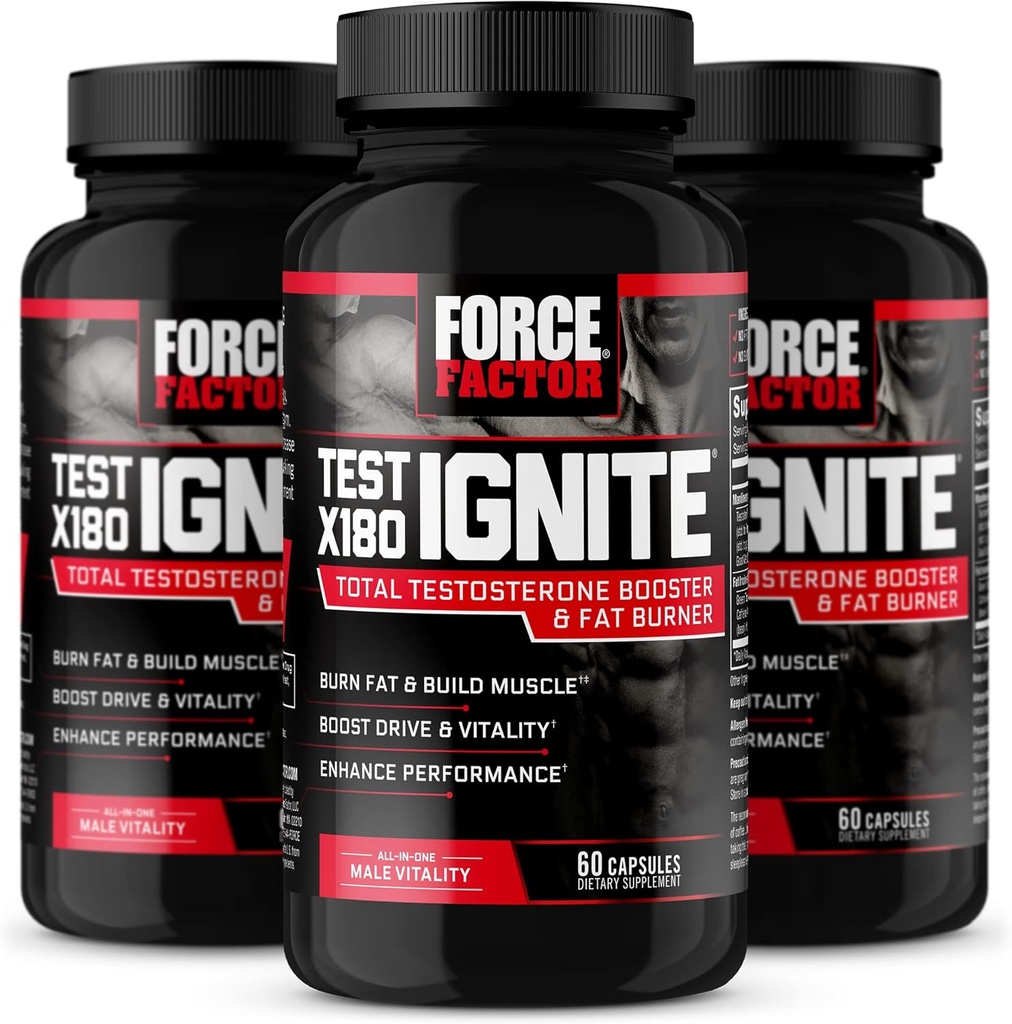 FORCE FACTOR Test X180 Ignite, Testosteron Booster & Fat Burner voor mannen, Testosteron Supplement om spier te bouwen, energie te verhogen en vitaliteit en prestaties te verhogen, 60 Tellen (pakket van 3)