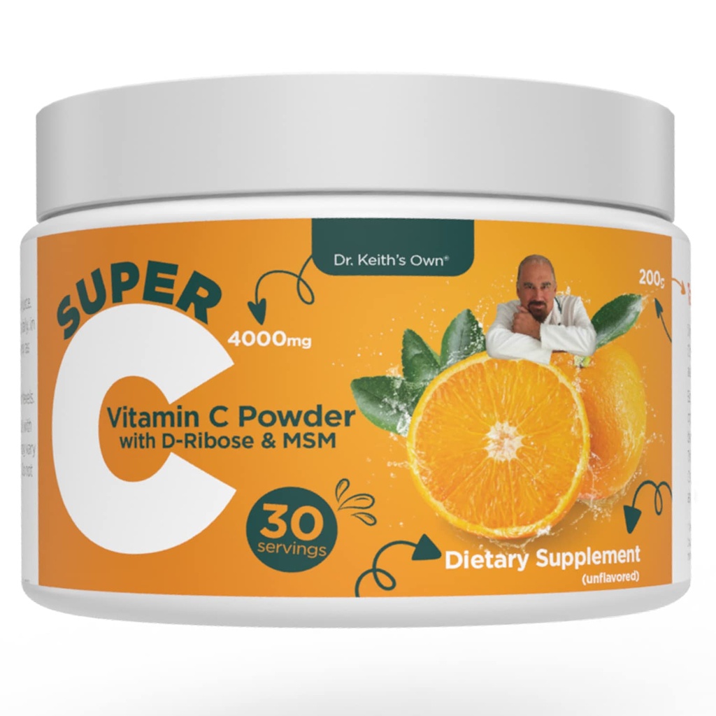 Dr. Keith's eigen Super C-High Dose Powdered Vitamine C 4000mg met D-Ribose, Glycine, MSM-High Absorbable, Maag-Vriendly, Collagen Boost, Immuun Support-Unflavored, 200 Gram (30 Servers)