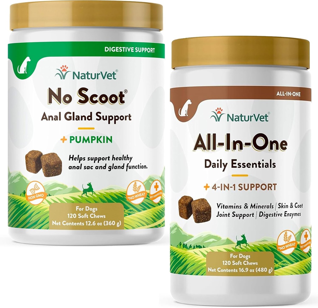 NaturVet All-in-One Dog Supplement - for Joint Support, Digestion, Skin, Coat Care – 120 Soft Chews & No Scoot for Dogs - 120 Soft Chews - Supports Healthy Anal Gland & Bowel Function