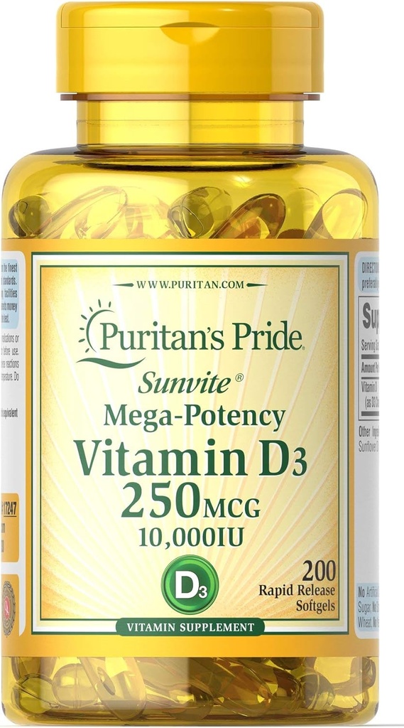 Puritan's Pride Vitamin D3 250 mcg (10.000 IE) Softgels, 200 Tellen