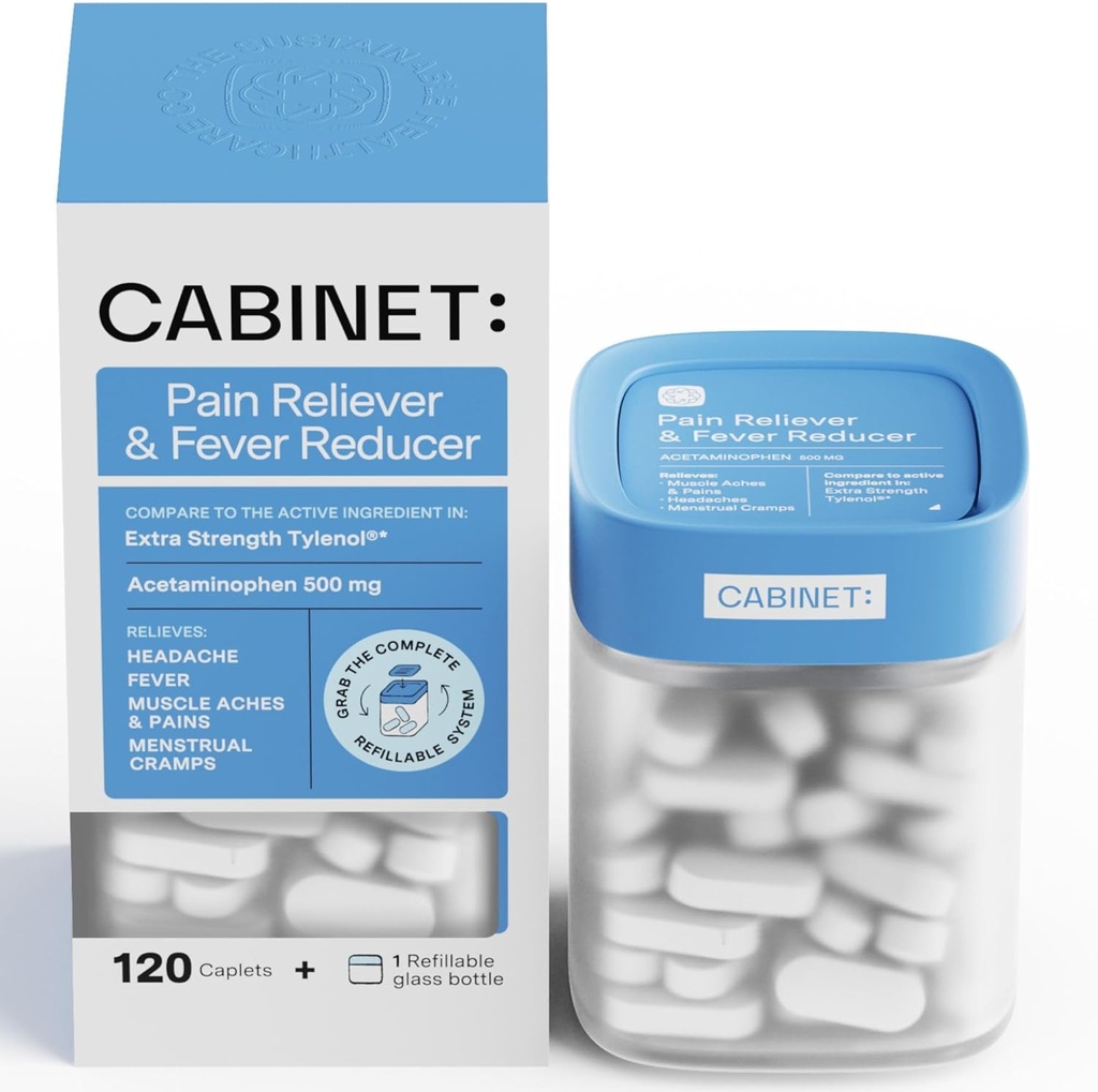 Kabinet: 500mg acetaataminofen voor hoofdpijn verlichting, tandpijnen, pijnlijke keel, en koorts reducer, Inclusief 1 Hervulbare medicijn Jar, 120 tabletten (Starter Kit)