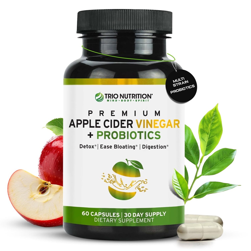 TRIO NUTRITION Apple Cider Vinegar Capsules with Multi-strain Probiotics - Natural Sugar Free ACV Capsules with The Mother for Gut Health, Immunity, Body Cleanse & Health pH - Metabolisme Booster