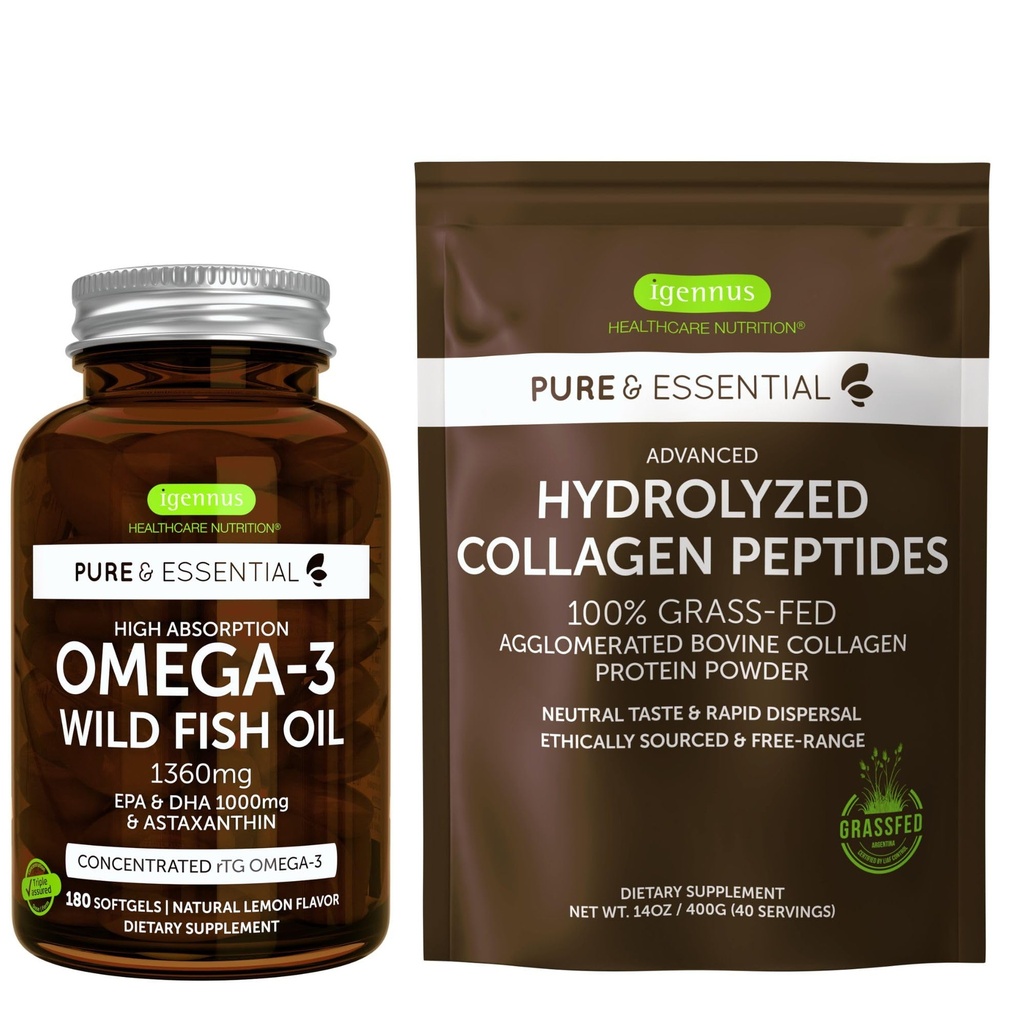 Hoge Absorptie Omega-3 Wilde Visolie 1360mg & Geavanceerde Gehydrolyseerde Collageen Peptides Bundle, 1000mg EPA & DHA met Astaxanthine & 100% Gras Fed Bovine Collageen Proteïne Poeder, door Igennus