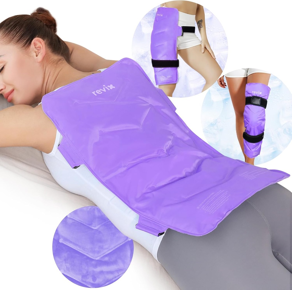 REFIX Paquet de glace à l'arrière extra-large, enveloppe de compression à froid en gel réutilisable pour le soulagement complet du dos, idéal pour la douleur musculaire, la fatigue, la récupération et les muscles douloureux – Straps réglables, violet