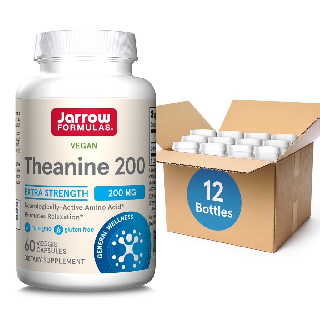 Formules de Jarrow Theanine extra-fort 200 mg, complément alimentaire qui favorise la relaxation, supplément acide amino pour le soutien de la relaxation, 60 capsules de légumes, 60 jours d'approvisionnement, pack de 12