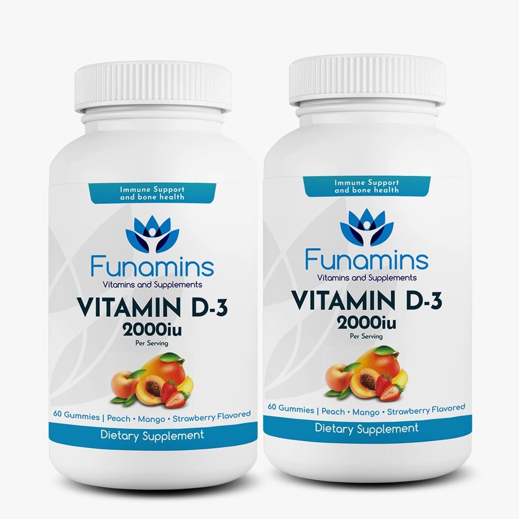 Vitamine D3 Gummies, 2-Pack, 60 Graaf Elke, 2000iu per Serving, Ondersteunt Immune System en Bone Health; voor kinderen & volwassenen; Perzik, Mango, Aardbei Smaken