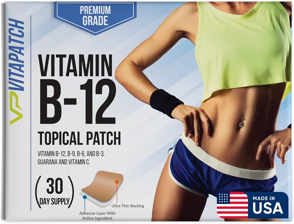 Patchs Premium Grade B12 30 jours B12 Patch – Fabriqué avec la vitamine B12 méthylcobalamine pour l'énergie et la vitamine Guarana - 100% Fabriqué aux États-Unis