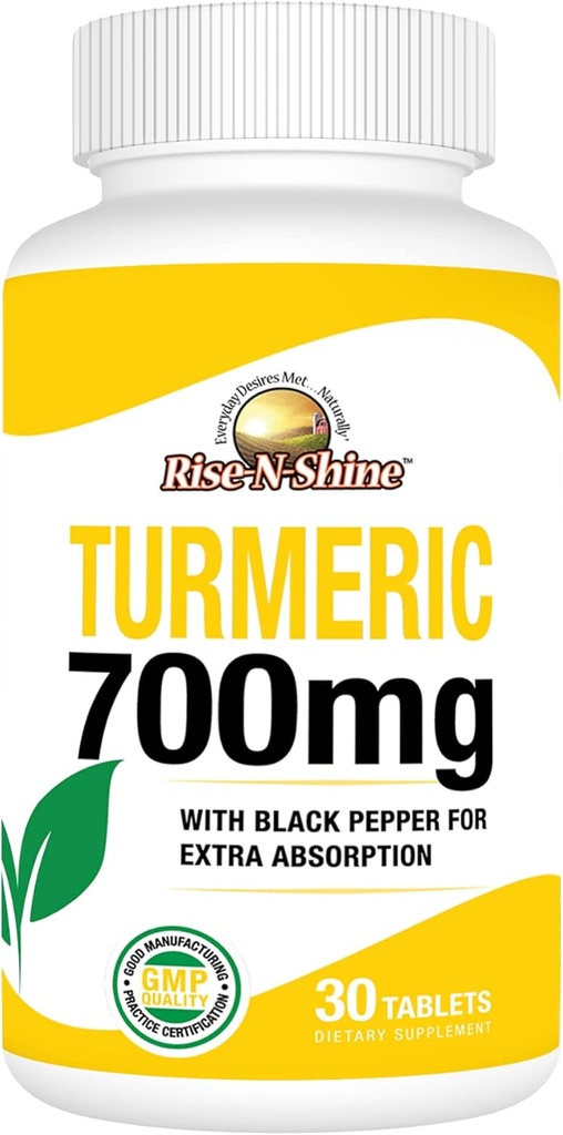 Rise-N-Shine 700 mg Kurkuma Curcumine met zwarte peper - Kruidensupplementen voor huid- en gewrichtsondersteuning - 30 dagen