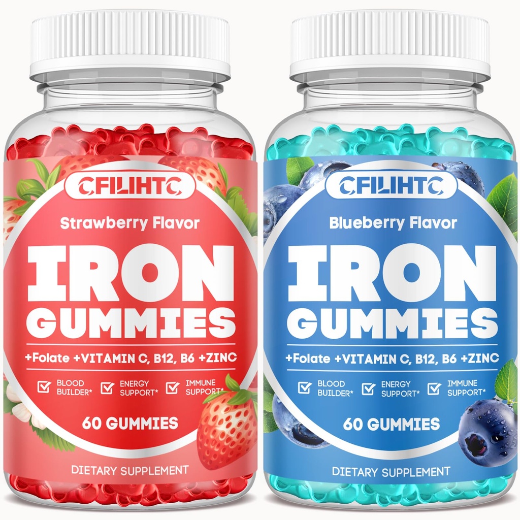 2 Pack Gommies de Fer pour Adultes et Enfants Supplément de Fer Fraise Blueberry Flavor