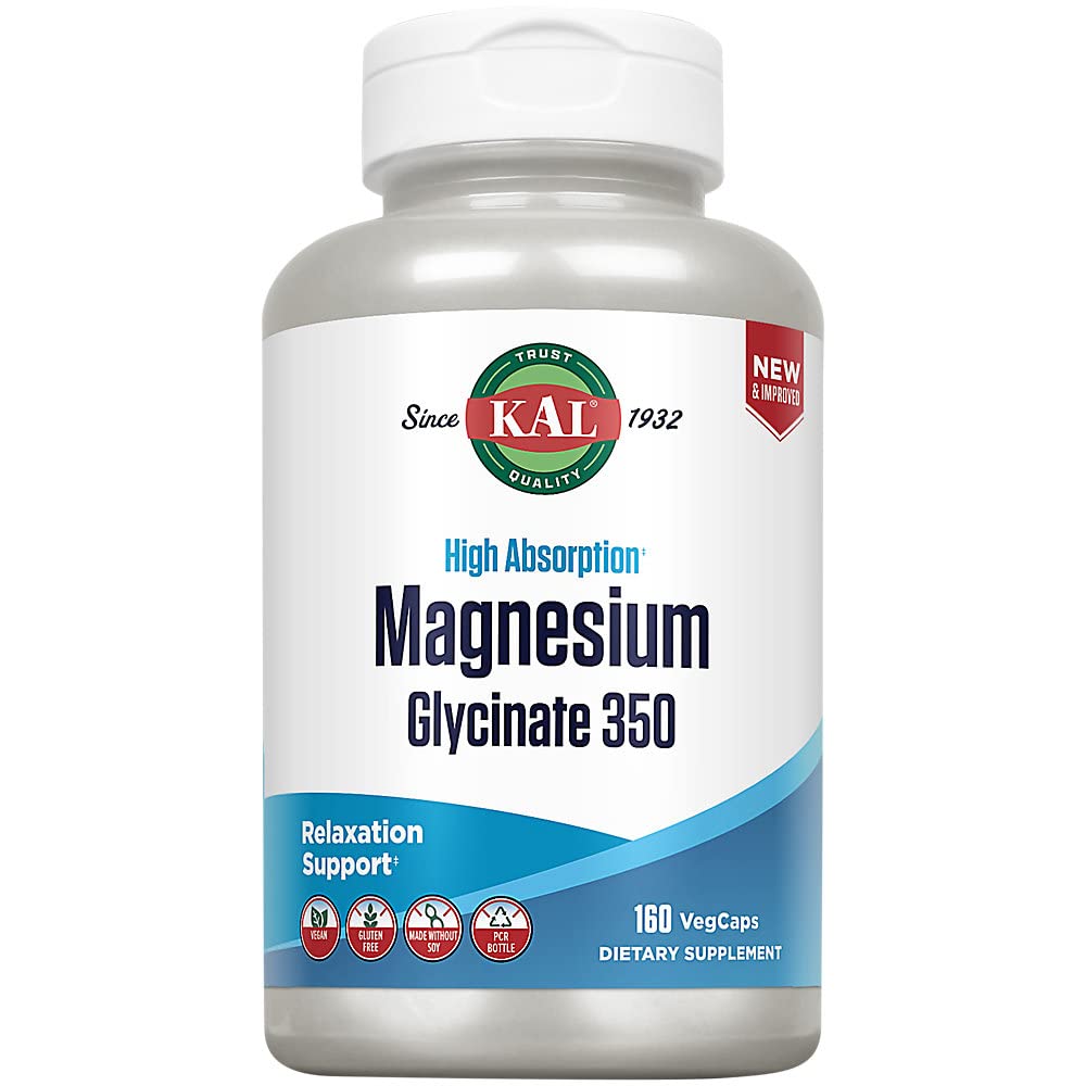 KAL Magnesium Glycinate Capsules, volledig chelated magnesium bisglycinaat, hoge Absorptie Magnesium Supplement, gezonde botten, spier, ontspannen en stress ondersteuning, Non-GMO 160 tellen
