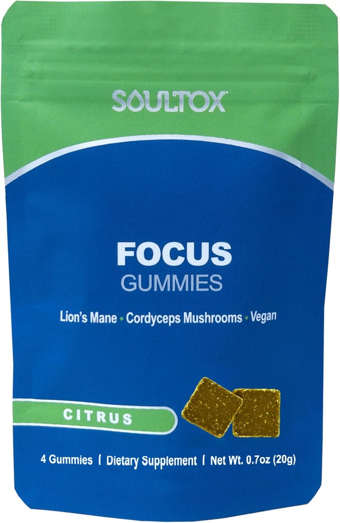 Soultox Focus Lion's Mane Gummies - Citrus Smaak - Vegan Formulatie met biologische Leeuwen Mane en Cordyceps - Verbeter Geheugen, Focus en Energie - Citrus Smaak - Single Pack