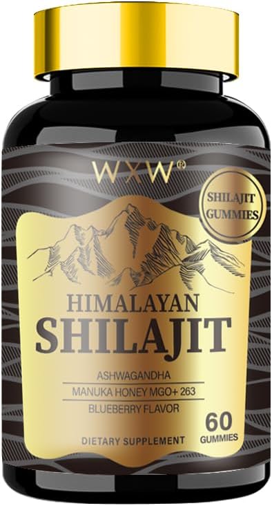 WXW Himalaya Shilajit Gummies, 60 Count, Blueberry Flavor, Ondersteunt na training herstel, Immuunstelsel, spijsvertering, Mind & Geheugen, Gezond Hart, Cognitieve Mogelijkheden (1 Fles, Gold Shilajit)