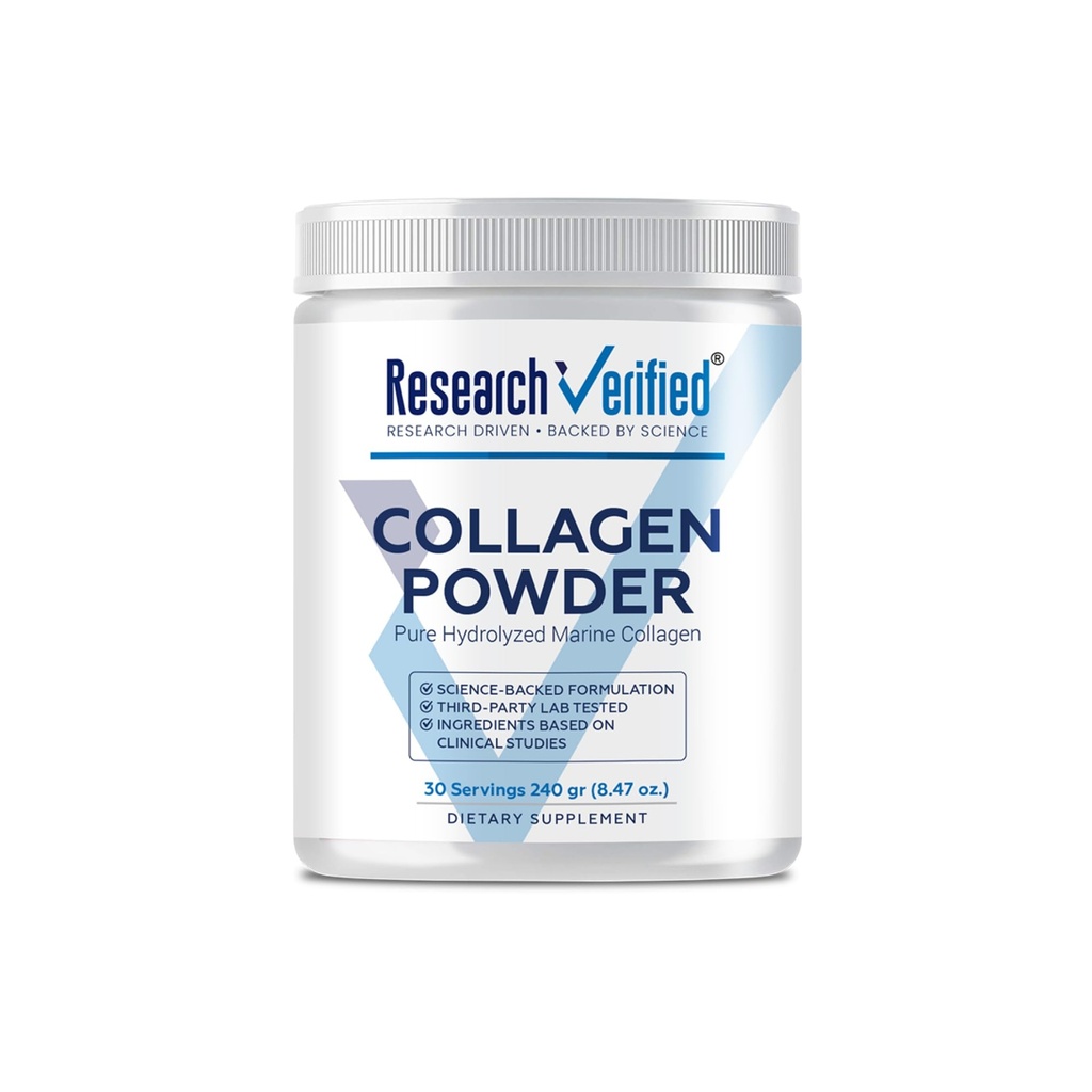 Recherche Verified® en poudre de collagène - Collagène marin hydrolysé - Non aromatisé - Hydratation de la peau et élasticité, Récupération musculaire, non OGM - 30 croupes par conteneur - 1 mois d'approvisionnement
