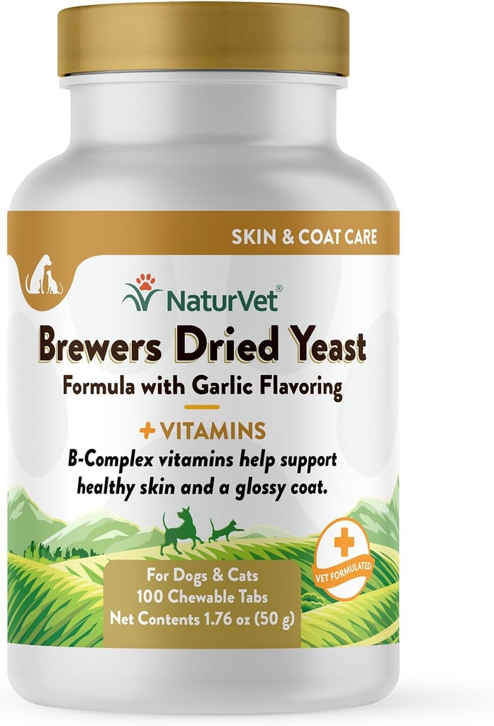 NaturVet Brewers Gedroogde Gist Formule met Knoflook smaakstoffen Plus Vitaminen voor honden en katten, Kauwtabletten, Made in The USA with Globally Source Ingredients 100 Tellen