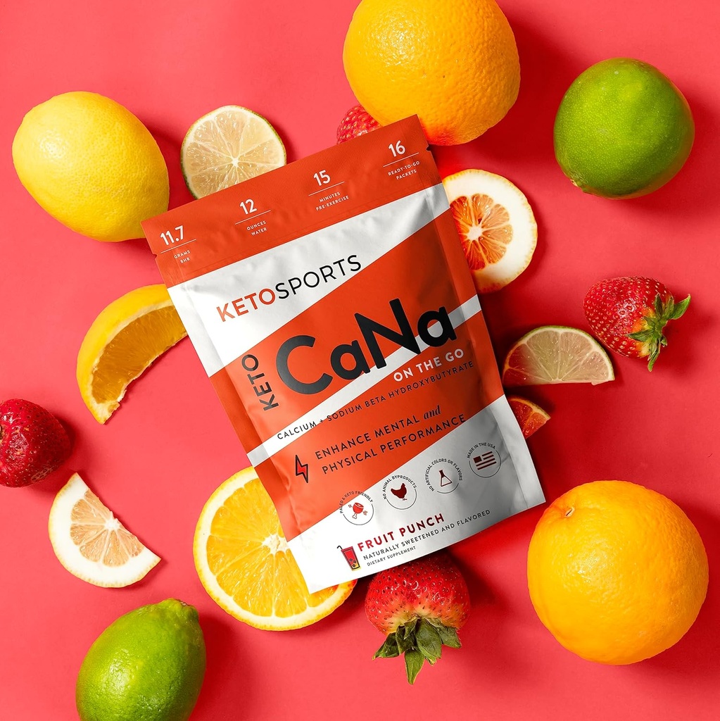 KetoSports Nieuw KetoCaNa GO (Fruit Punch) Single Serve Dietary Ketone Supplement voor fysieke en geestelijke prestaties, Keto en Paleo-vriendschappelijk, natuurlijk zoet en smaak 16 Stick Packs
