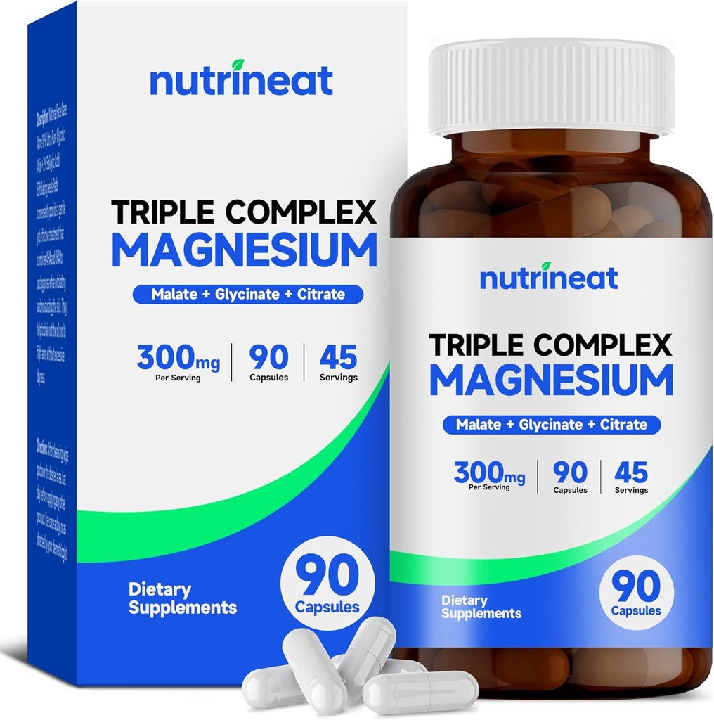 Triple Magnesium Complex (90 capsules), 300 mg Magnesium Glycinate, Citrate & Malate for Muscles, Nerves, & Energy, High Absorptie, Vegan, Non-GMO