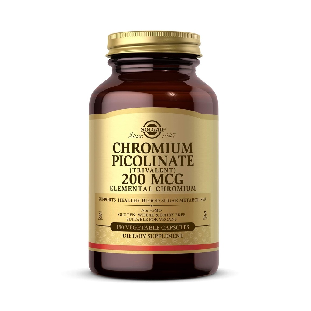 Solgar Chromium Picolinate 200 mcg, 180 capsules végétales - soutient le métabolisme sain du sucre dans le sang - non-OGM, végétalien, sans gluten, sans produits laitiers, sans casher - 180 portions