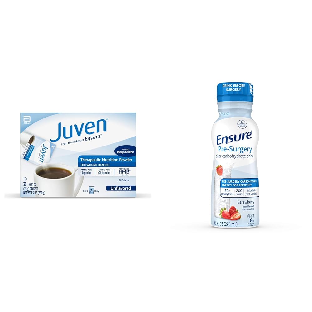 Juven Therapeutische Voeding Drinkmix Poeder voor Wond Healing Ondersteuning, Inclusief Collageen Proteïne, Unflavored, 30 Tellen en Zorg voor pre-Surgery, Heldere Koolhydraat Drink, Aardbei, 10 Fl Oz (pakket van 4)
