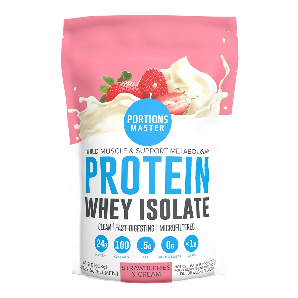 Porties Master CFM Wei Isolaat Proteïnepoeder, 2 LB, 23g Low Carb, Low Fat, Cold-Processed, Fast Absorbing, Muscle Growth & Recovery Support (Strawberry & Cream)