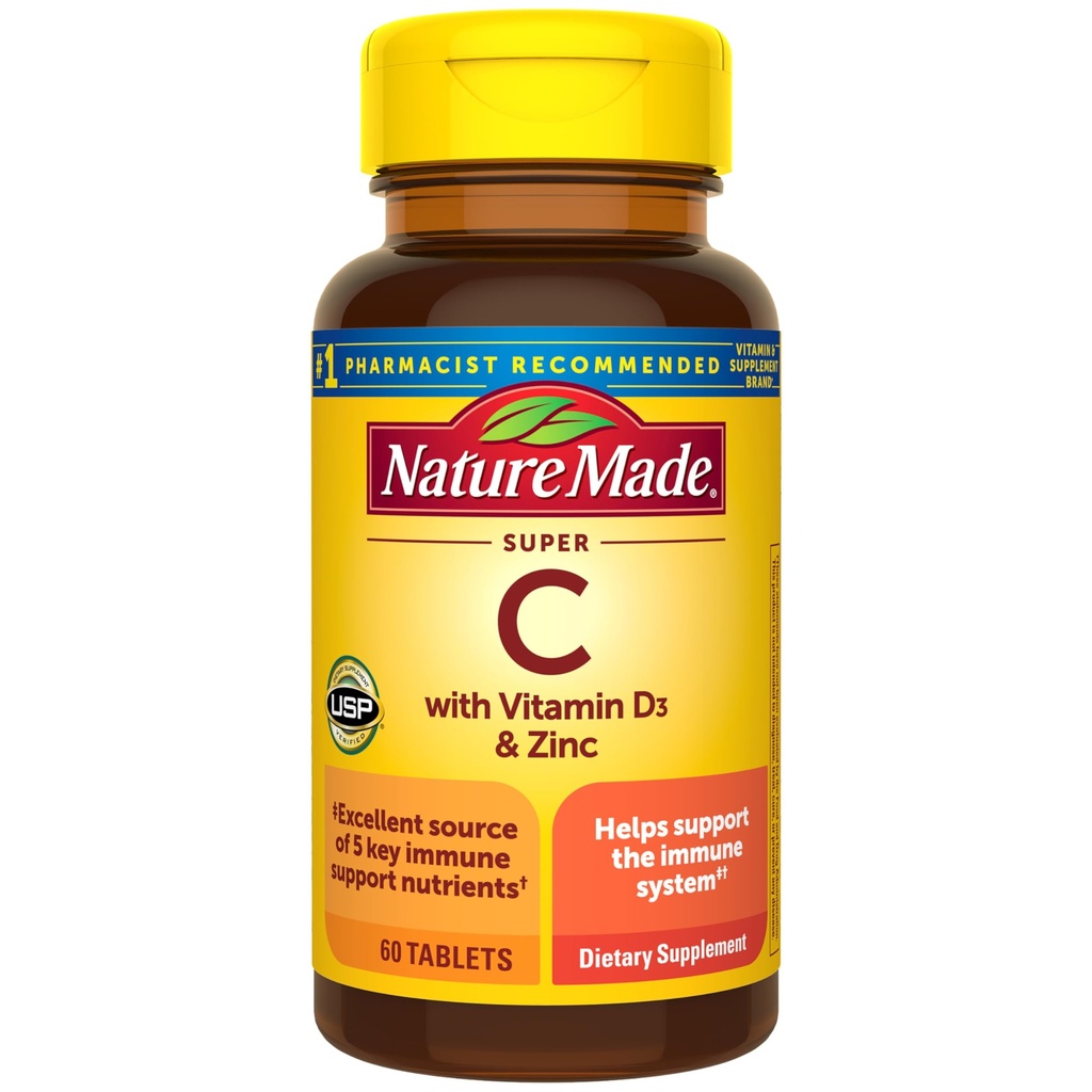 Nature faite Super C, vitamine C et zinc avec vitamine D3, supplément alimentaire pour le soutien immunitaire, 60 comprimés, 60 jours d'approvisionnement
