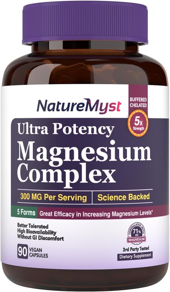 Magnesiumcomplex, 300 mg Elementaal Magnesium, Glycinate, Citrate, Malate, High Potency, Beste Absorptie, voor Spier, Zenuw, Hart, Slaap, Constipatie & Meer, 90 Vegan Caps