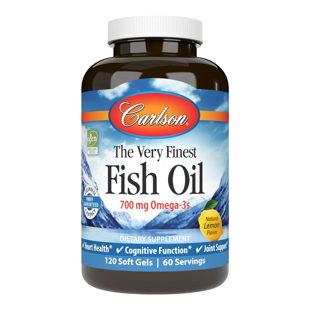 Carlson - De zeer fijnste visolie, 700 mg Omega-3s, Noorse visoliesupplement, Wild Caught Omega-3 Visolie, duurzaam geproduceerde visoliecapsules, Omega 3-supplement, citroen, 120 Softgels