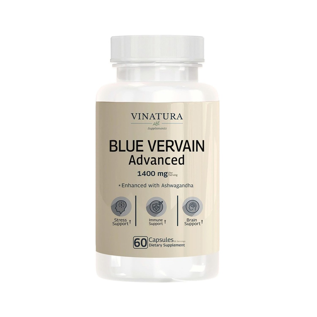 VINATURA Blue Vervain Geavanceerd met Ashwagandha - 1400mg per serv, Blue Vervain Capsules, Blue Vervain Tea Alternative, Brain Health, Stress Relief, Ashwagandha Supplementen - 60 Capsules