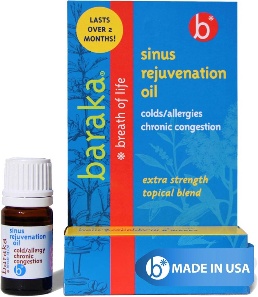 Baraka Sinus verjongingsolie Blend of 6 Organic Essential Oils for Clear Nasal Breathing, Eases Sinus Pressure, & Offers Relaxing Nasal Health Support Ideaal voor dagelijks gebruik 4ml (1-pack)