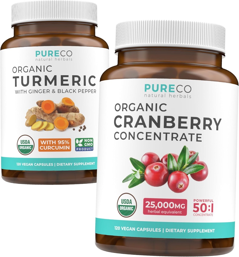 Kurkuma en Cranberry Concentraat (4-maandvoorraad) Cranberry Curcumin Bundel van biologische Kurkuma Curcumin met zwarte peper & gember (120 capsules) & Biologische Cranberry Concentraat 50:1 Extract (120 capsules)