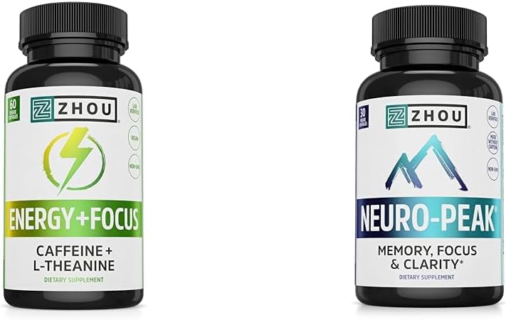 Zhou Caféine 100mg L-Theanine 200mg Nootropic 60 Capsules et Neuro Peak Soutien Cerveau DMAE Bacopa 30 Capsules
