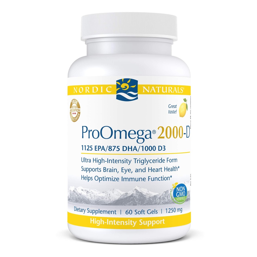 Nordic Naturals ProOmega 2000-D - Visolie, 1125 mg EPA, 875 mg DHA, 1000 IE Vitamine D3, Cardiovasculaire, Neurologische, Eye, en Immune Health, Citroensmaak, 60 Zachte Gels