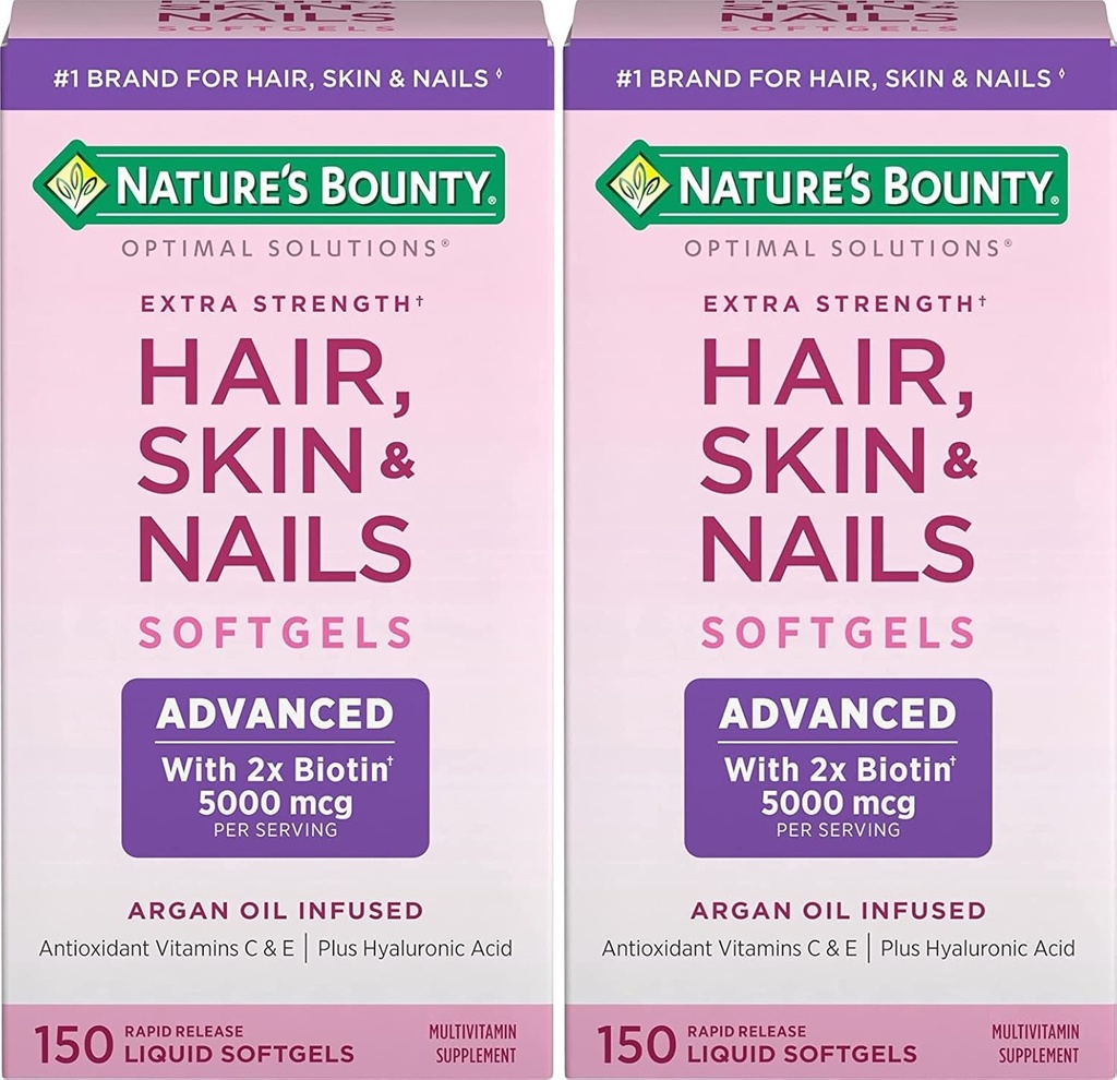 Nature's Bounty Hair, Skin & Nails Rapid Release Softgels, Argan-Infused Vitamine Supplement met Biotine en Hyaluronzuur, Ondersteunt haar, huid en nagel gezondheid voor vrouwen, 150 Tellen (Pack of 2)